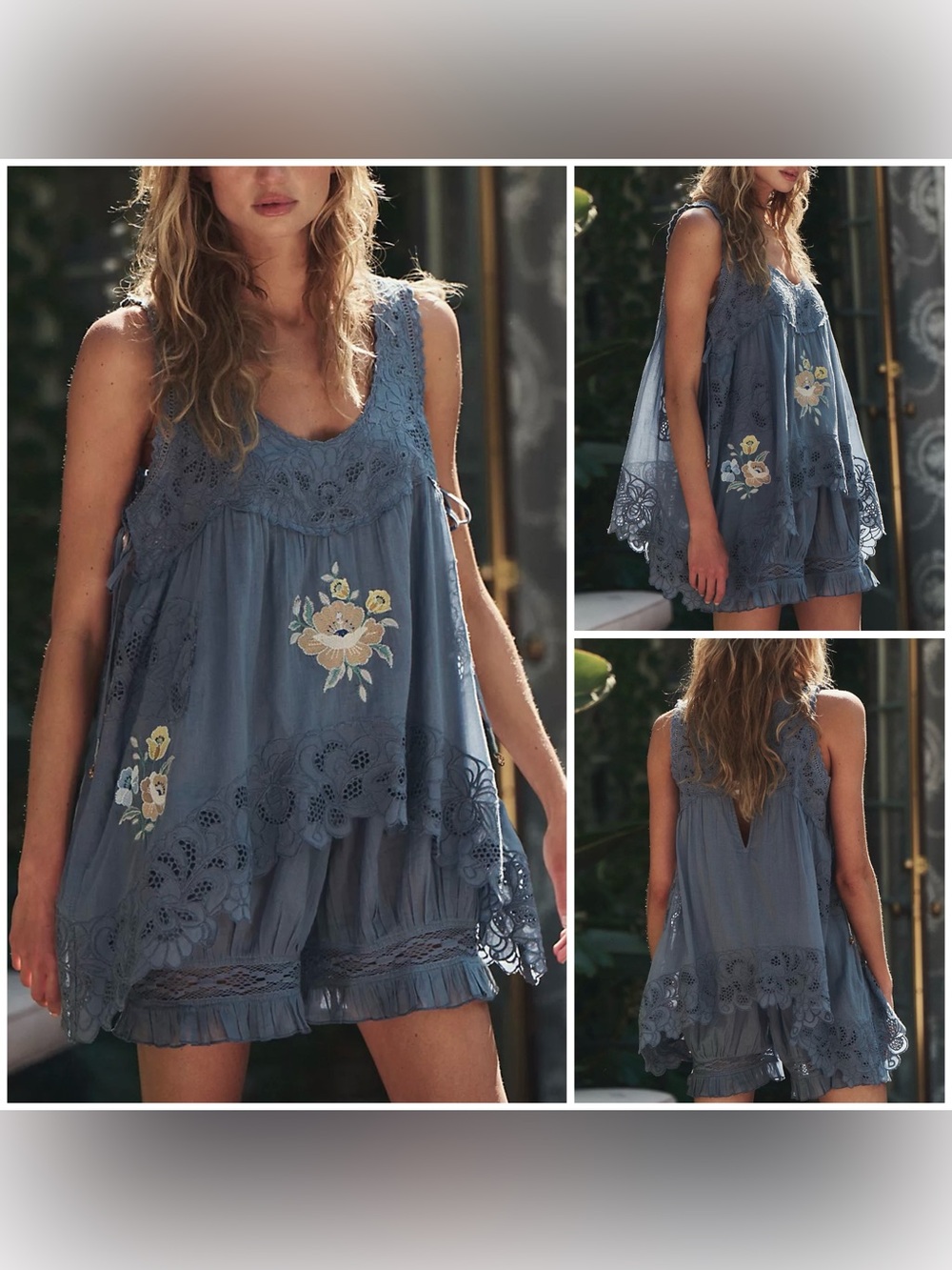 NWT Free People FP Intimately Eye Catcher Bloomsie Romper - Blue Suede Combo- XS